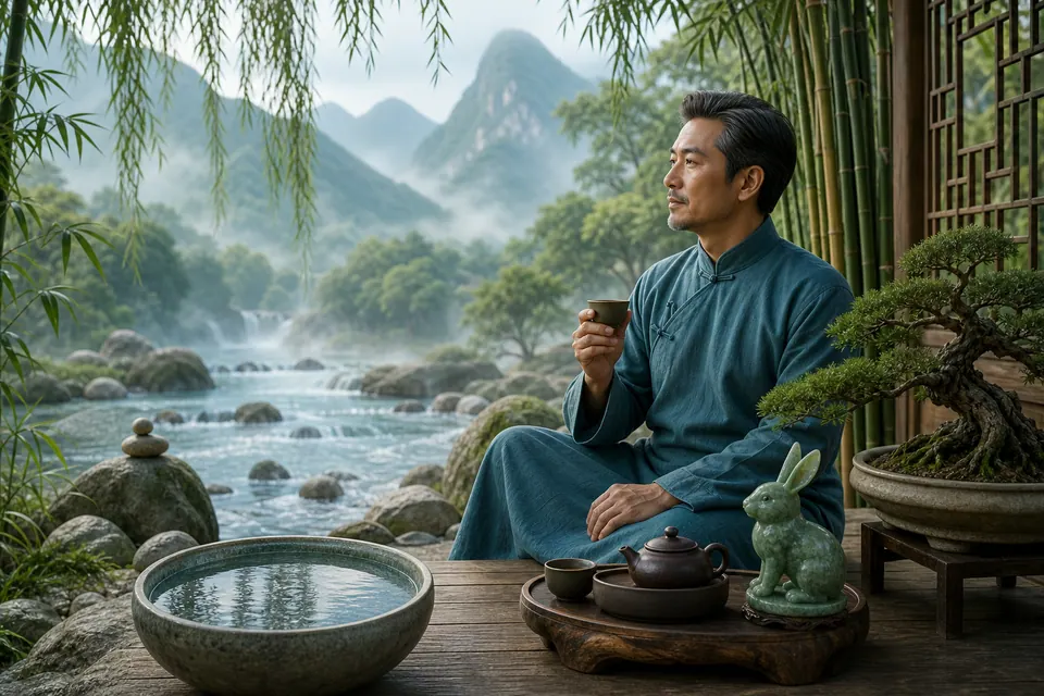 Nam Ất Mão uống trà bên hiên gỗ cạnh suối núi, tre, liễu, đá, bonsai và tượng thỏ ngọc
