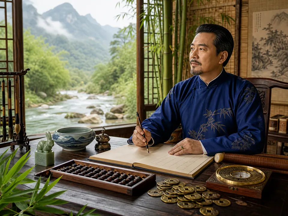 Nam Ất Mão ghi sổ bên bàn gỗ cạnh suối núi với bàn tính, đồng xu, la bàn và ấn thỏ ngọc