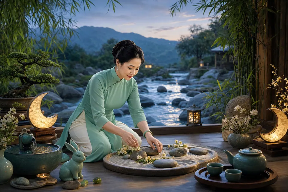 Nữ Ất Mão sắp hoa và đá bên hiên gỗ cạnh suối núi, trà ngọc, bonsai, đèn trăng và tượng thỏ