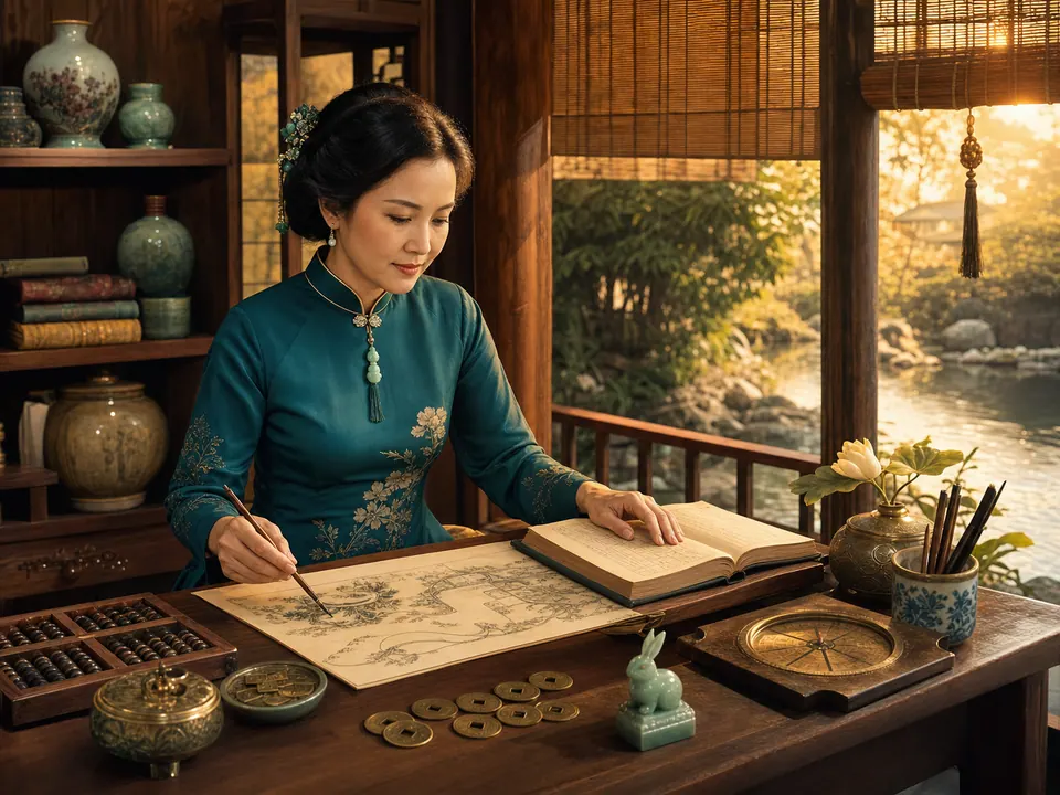 Nữ Ất Mão ngồi trong thư phòng gỗ bên suối, ghi chép kế hoạch với bàn tính, đồng xu và la bàn