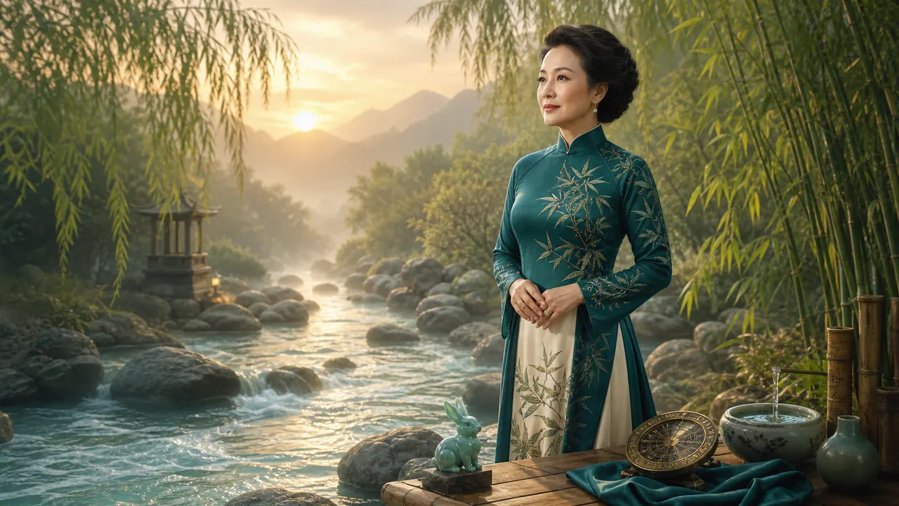 Nữ Ất Mão đứng bên suối núi trong rừng tre với tượng thỏ ngọc, la bàn và bát nước phong thủy