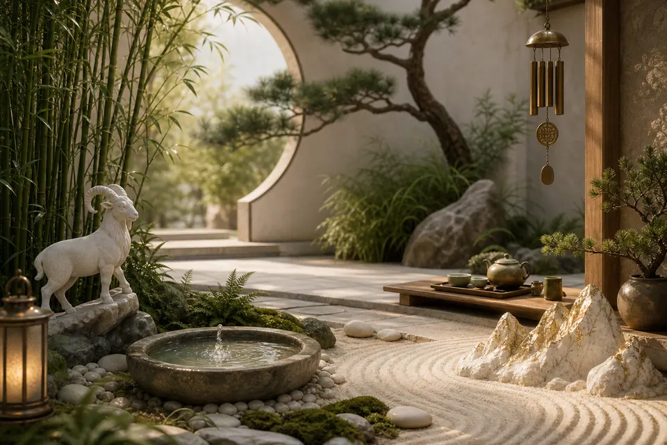 Sân phong thủy Ất Mùi nam mạng với tượng dê trắng, nước trong, tre, tùng, chuông gió đồng và vườn cát ánh kim