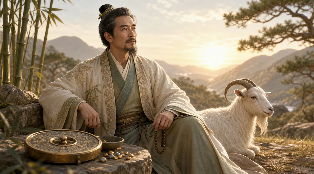 Nam Ất Mùi ngồi trên sườn núi lúc bình minh bên dê trắng, tre xanh, la bàn đồng và hạt kim loại vàng trong cát
