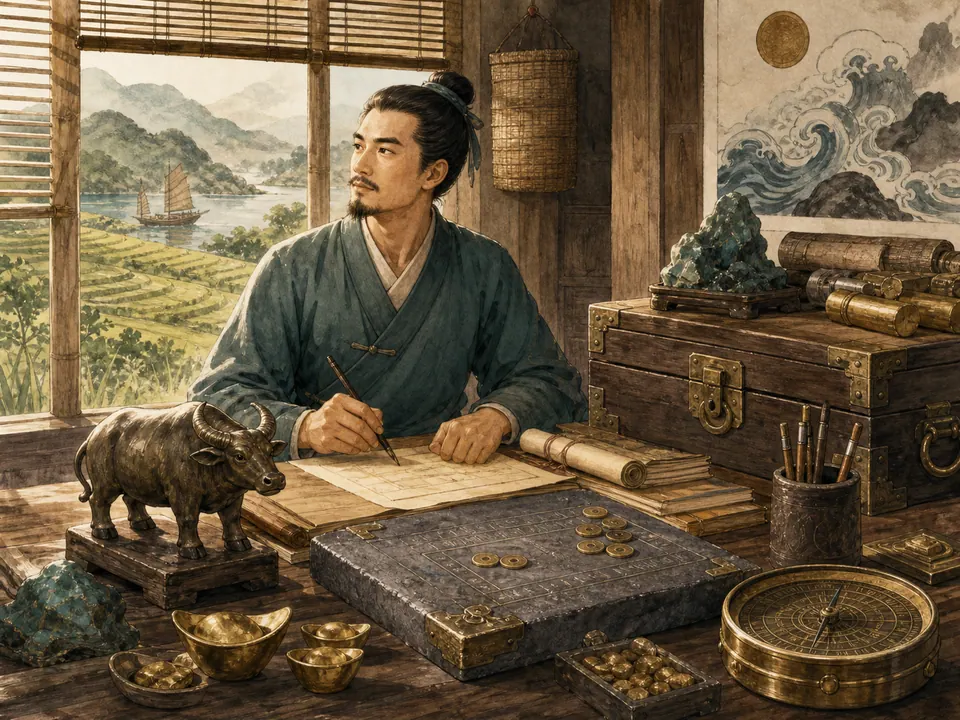 Bàn làm việc với la bàn, sổ sách, tài sản và biểu tượng trâu cho Ất Sửu nam mạng