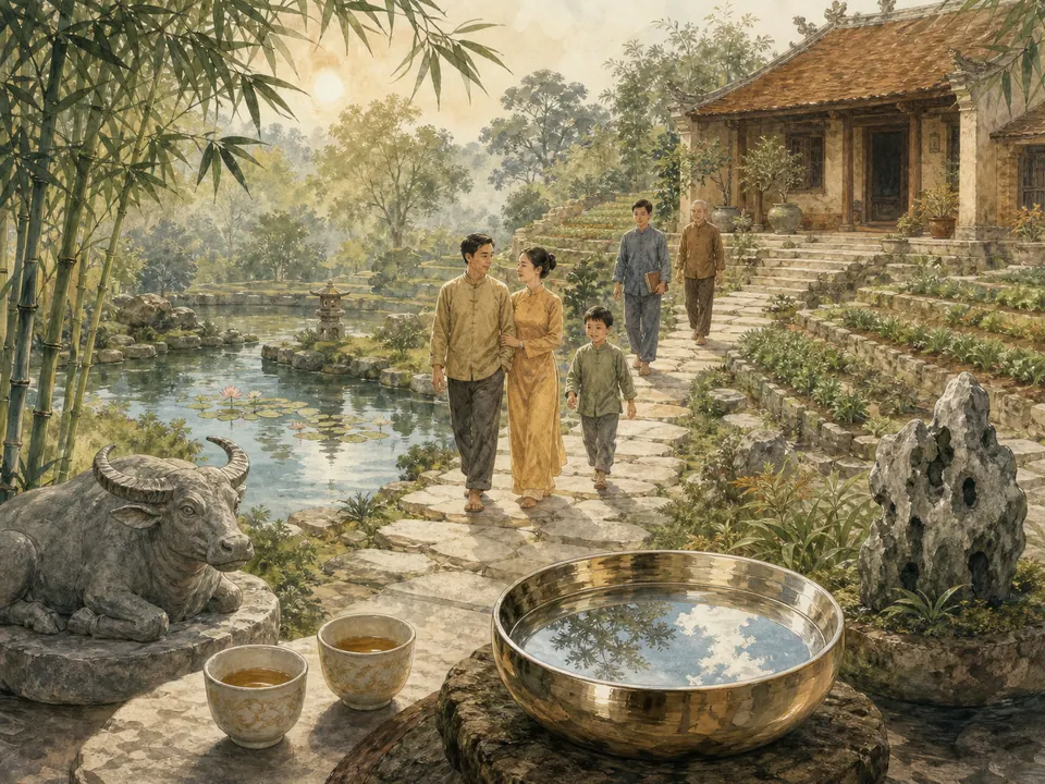 Sân vườn gia đạo và phong thủy với biểu tượng trâu nước cho Ất Sửu nam mạng