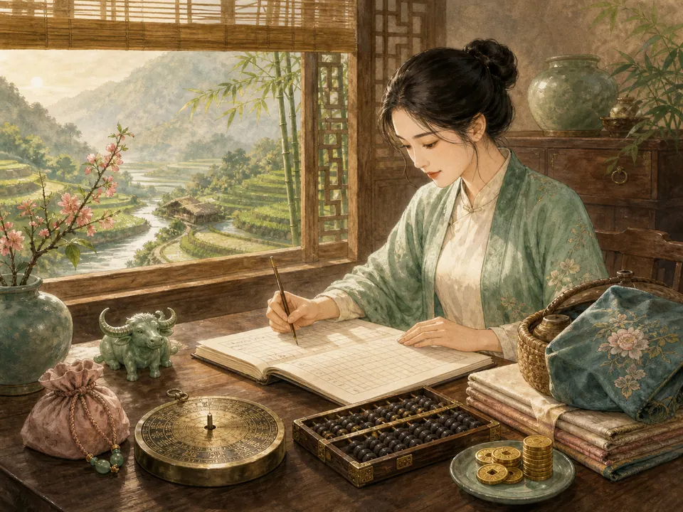 Góc quản lý tài chính với bàn tính, la bàn và biểu tượng trâu ngọc cho Ất Sửu nữ mạng