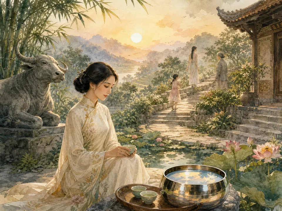 Sân vườn phong thủy với hồ sen, trâu đá và trà cho Ất Sửu nữ mạng