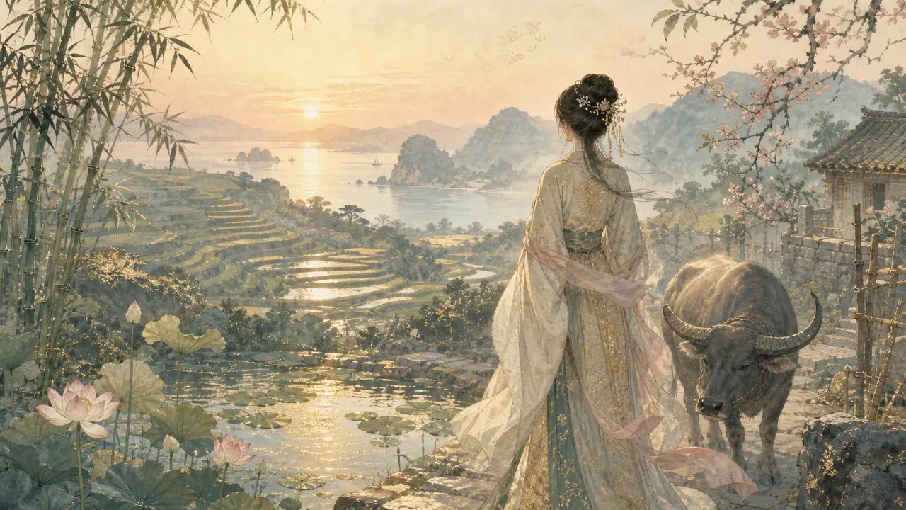 Minh họa Ất Sửu nữ mạng Hải Trung Kim bên ruộng bậc thang và vịnh nước sớm