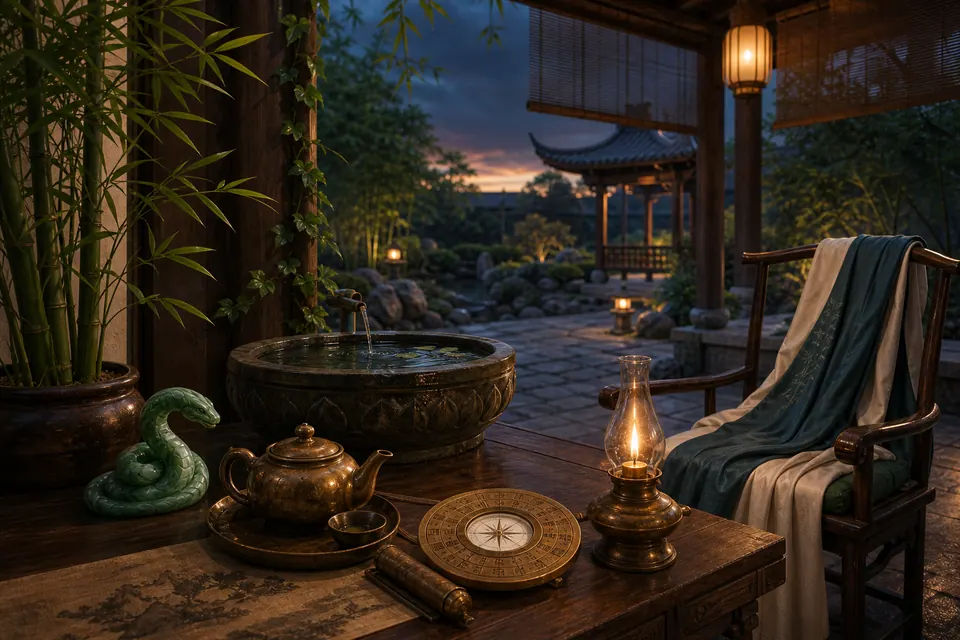 Không gian phong thủy Ất Tỵ nam mạng lúc hoàng hôn với ghế phủ áo xanh ngà, tượng rắn ngọc, la bàn, trà, nước sạch và đèn đồng
