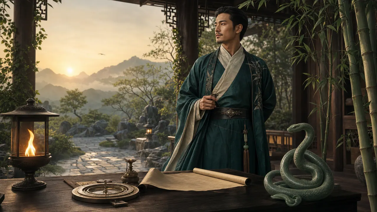 Nam Ất Tỵ đứng trong đình vườn núi lúc bình minh với la bàn, cuộn lụa trắng, đèn đồng, tre trúc và tượng rắn ngọc xanh
