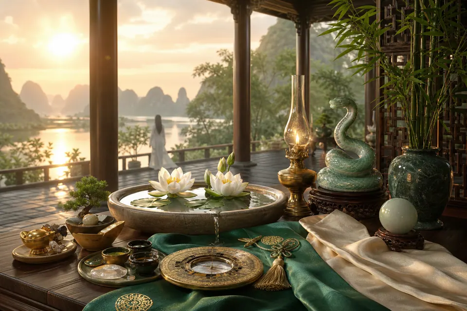 Bàn ở hiên nhìn ra sông núi có bát sen, đèn dầu, tượng rắn xanh, la bàn và vải xanh kem