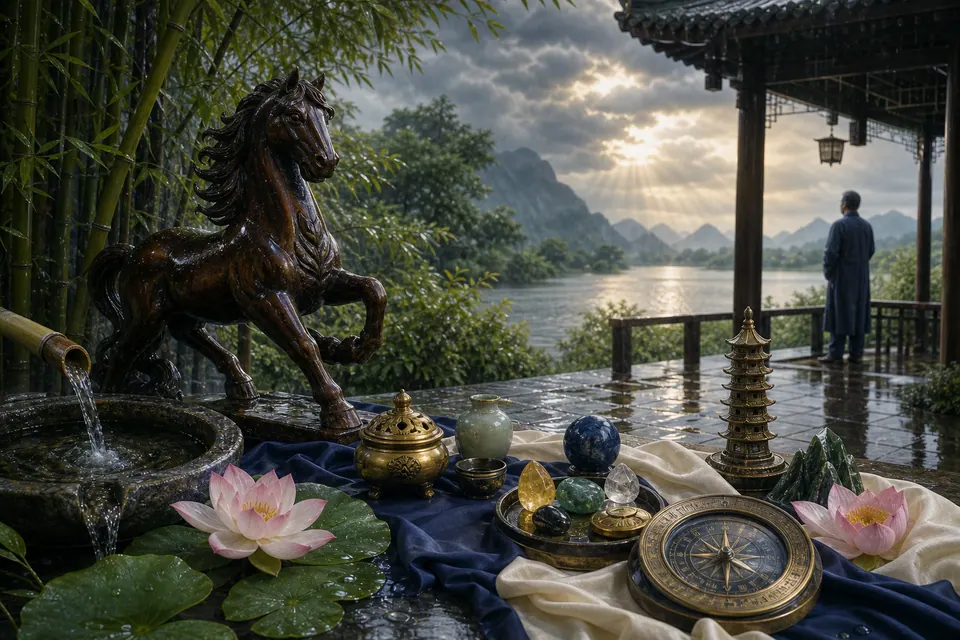 Hiên nhà ven sông sau mưa với tượng ngựa gỗ, bồn nước, sen hồng, la bàn, vật phẩm ngũ hành và nam nhân nhìn ra núi sông