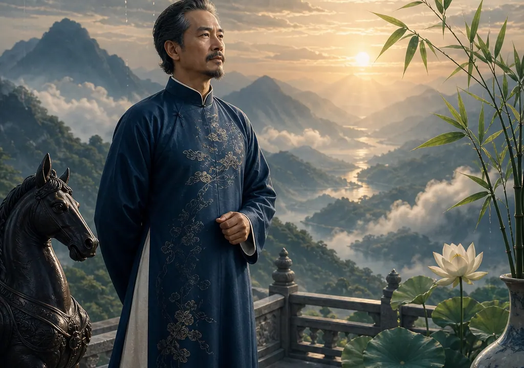 Nam Bính Ngọ đứng trên sân núi sau mưa lúc bình minh, bên tượng ngựa gỗ, la bàn, bát nước, tre trúc và cuộn lụa trắng