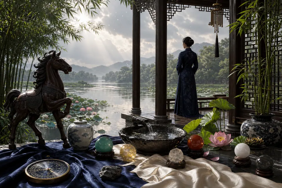 Hiên nhà ven sông sau mưa với tượng ngựa gỗ, bồn nước, hoa sen, la bàn, vật phẩm ngũ hành và nữ nhân nhìn ra hồ