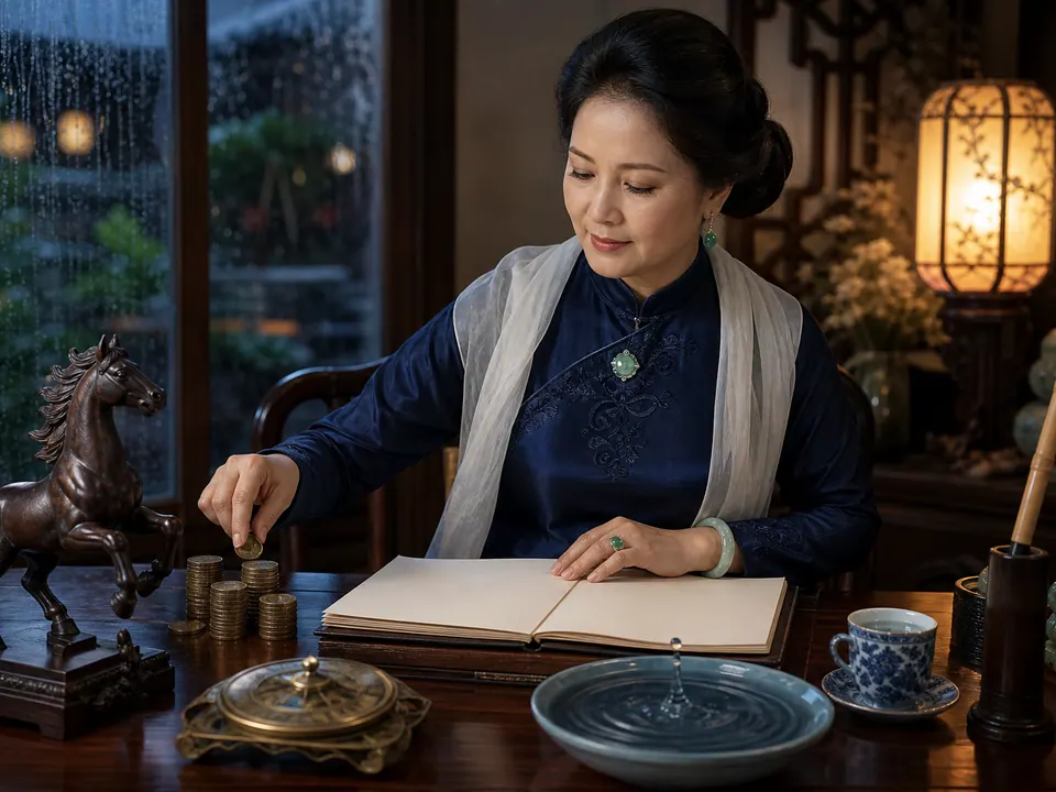 Nữ Bính Ngọ sắp xếp tiền xu và sổ trắng trong thư phòng mưa, cạnh tượng ngựa gỗ, la bàn, bát nước và tách trà xanh