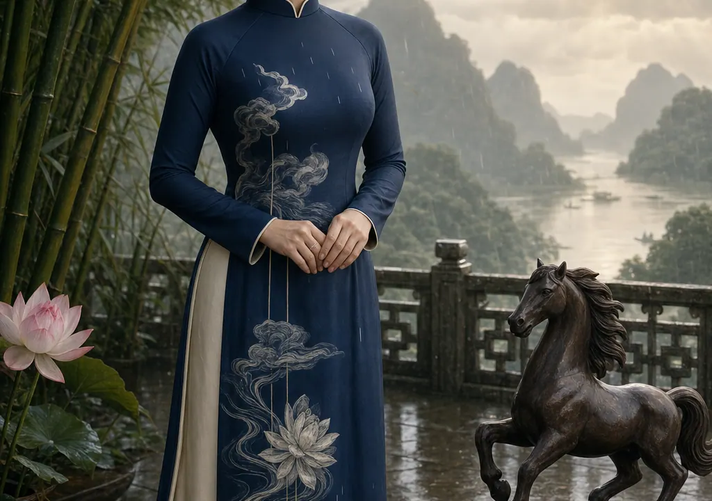 Nữ Bính Ngọ mặc áo dài xanh navy đứng trên sân núi sau mưa, bên tượng ngựa gỗ, bát nước, la bàn, tre trúc và hoa sen
