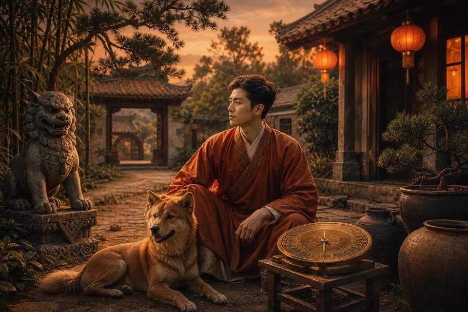Sân nhà mái ngói của Bính Tuất nam mạng có chó đá, chó vàng, đèn lồng, cây tùng, tre và la bàn đồng