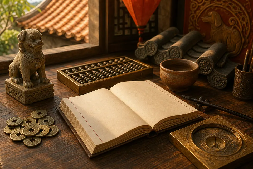 Bàn sự nghiệp Bính Tuất nam mạng với sổ trắng, bàn tính đồng, tiền cổ, chó đá, ngói cổ và la bàn