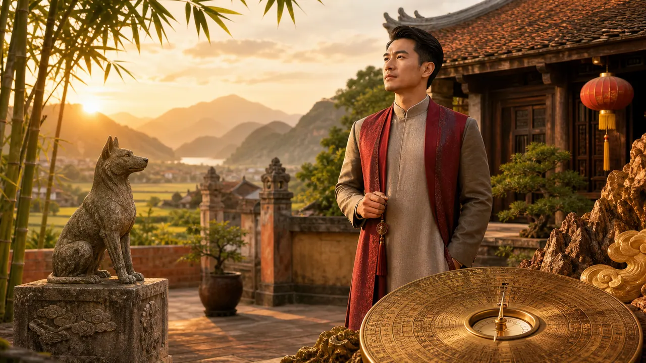 Nam Bính Tuất đứng trước mái ngói cổ, chó đá, la bàn đồng và sắc đất ấm của Ốc Thượng Thổ