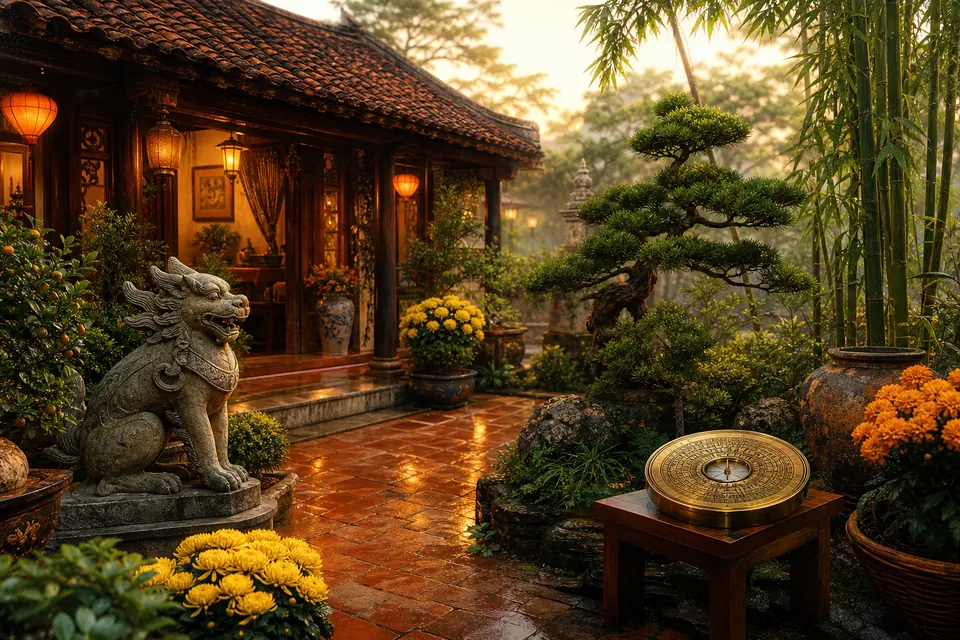 Sân gạch cạnh nhà mái ngói có tượng thú đá, chậu tùng, trúc, hoa vàng cam và la bàn đặt trên bàn nhỏ