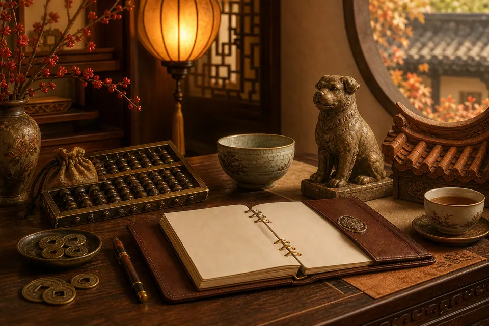Sổ mở để trống trên bàn có bút, bàn tính, tiền đồng, tượng chó nhỏ, chén trà và mô hình mái ngói dưới đèn vàng
