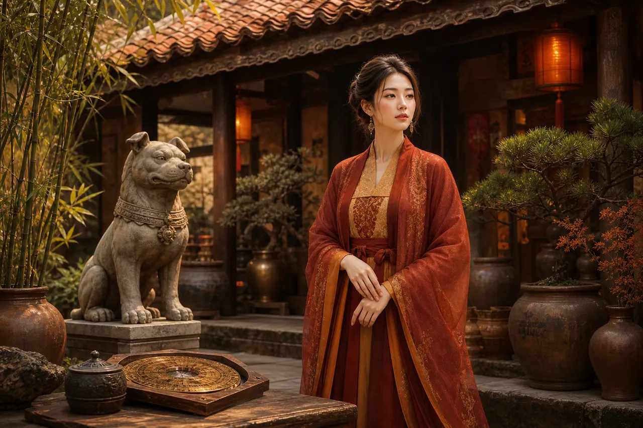 Người phụ nữ mặc áo đỏ vàng đứng cạnh tượng chó đá trong sân mái ngói, phía trước có la bàn, bên cạnh có bình gốm và cây