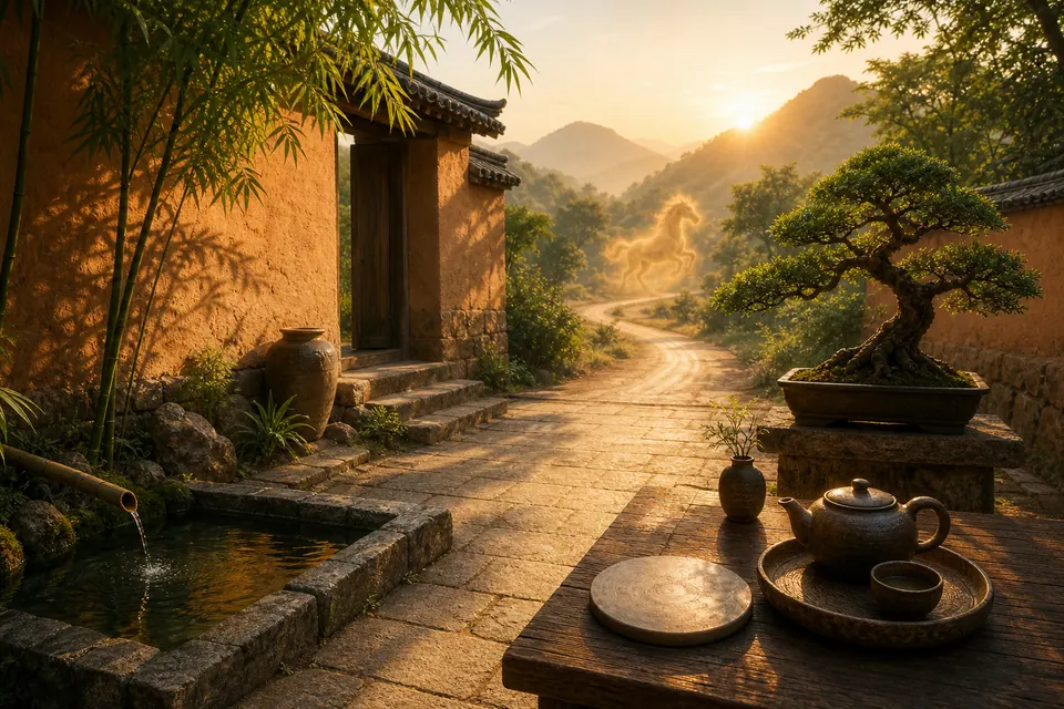 Không gian phong thủy sân vườn thanh tịnh kết hợp đất đá ấm áp và cây xanh che bóng mát cho nam mạng Canh Ngọ