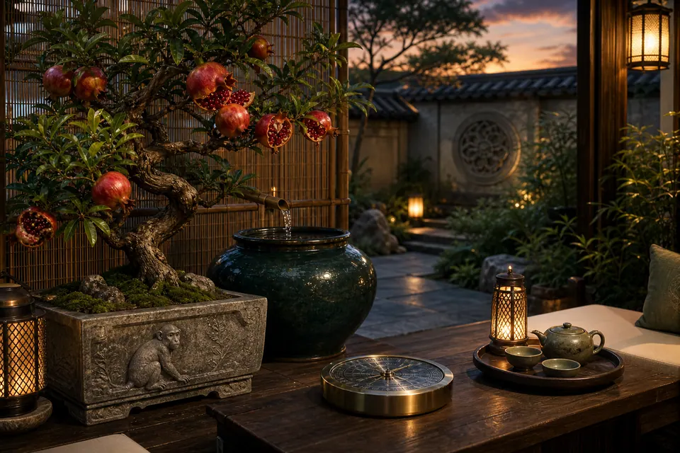 Sân phong thủy có bonsai lựu, chum nước, la bàn kim loại, đèn ấm và họa tiết khỉ trên chậu đá