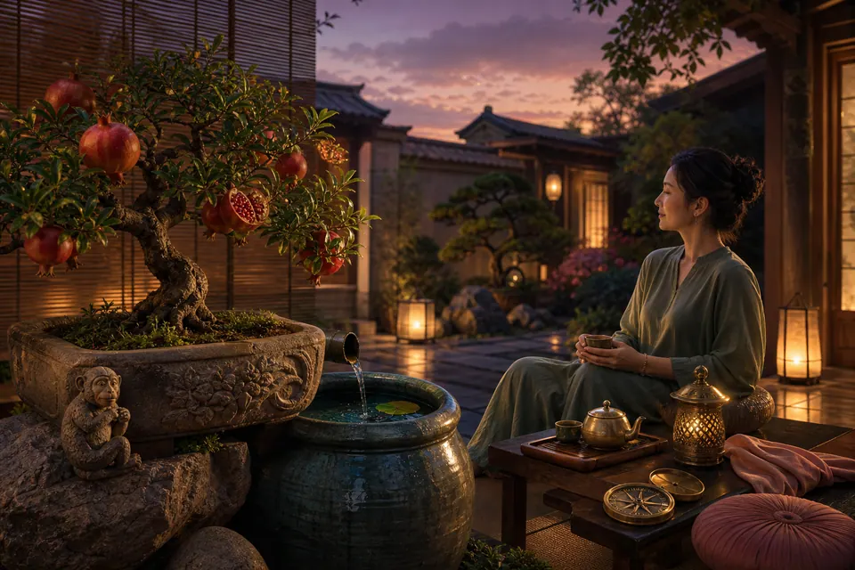 Sân phong thủy lúc hoàng hôn có bonsai lựu, chum nước, la bàn kim loại, đèn ấm và tượng khỉ nhỏ