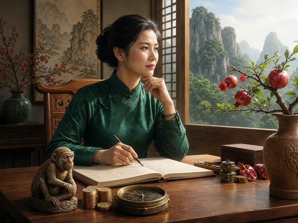Nữ Canh Thân lập kế hoạch tài chính trong thư phòng với sổ, đồng xu, la bàn, cành lựu và tượng khỉ