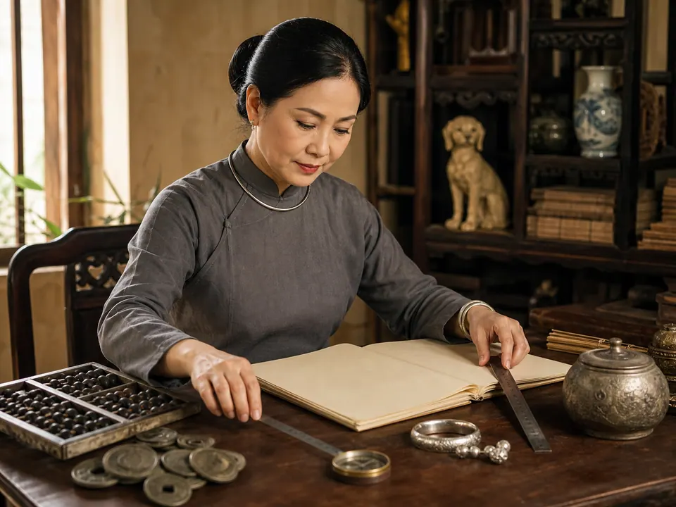 Nữ Canh Tuất xem sổ trắng bên bàn gỗ với bàn tính, tiền xu, vòng bạc, la bàn, thước kim loại và tượng chó nhỏ