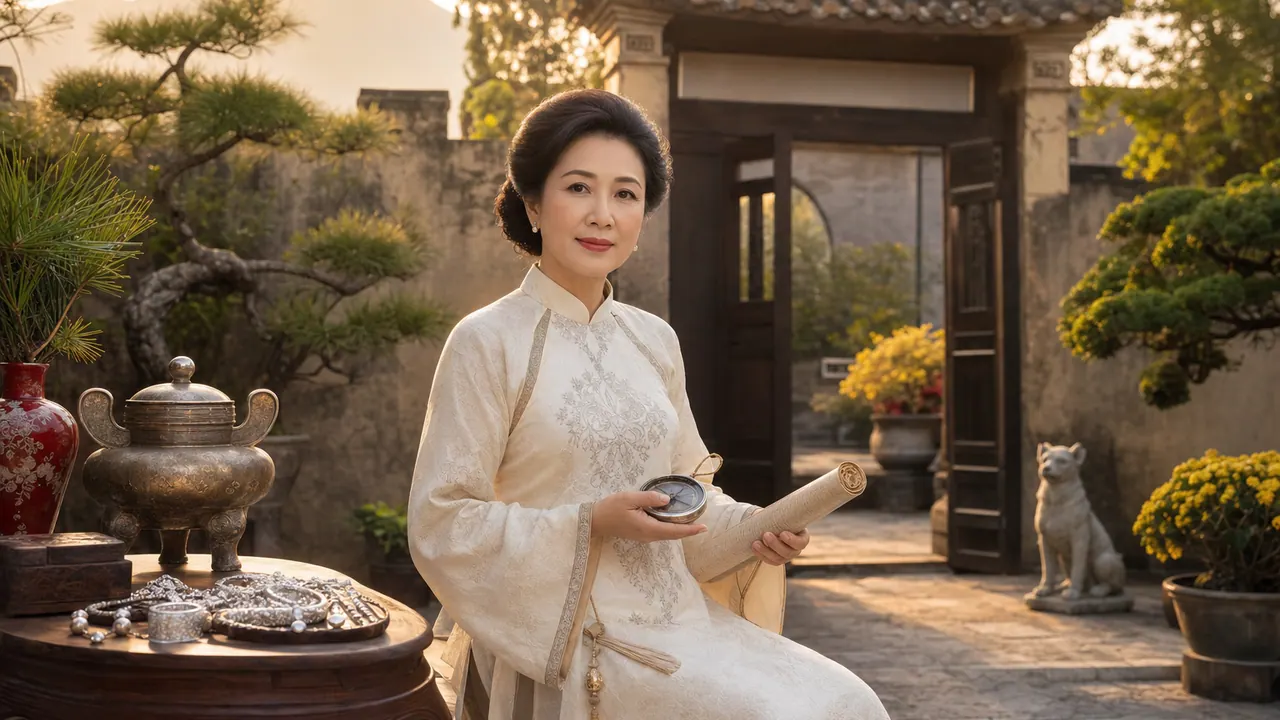 Nữ Canh Tuất mặc áo dài màu kem trong sân nhà cổ cạnh đồ bạc, bình đồng, cây tùng, hoa cúc và tượng chó đá