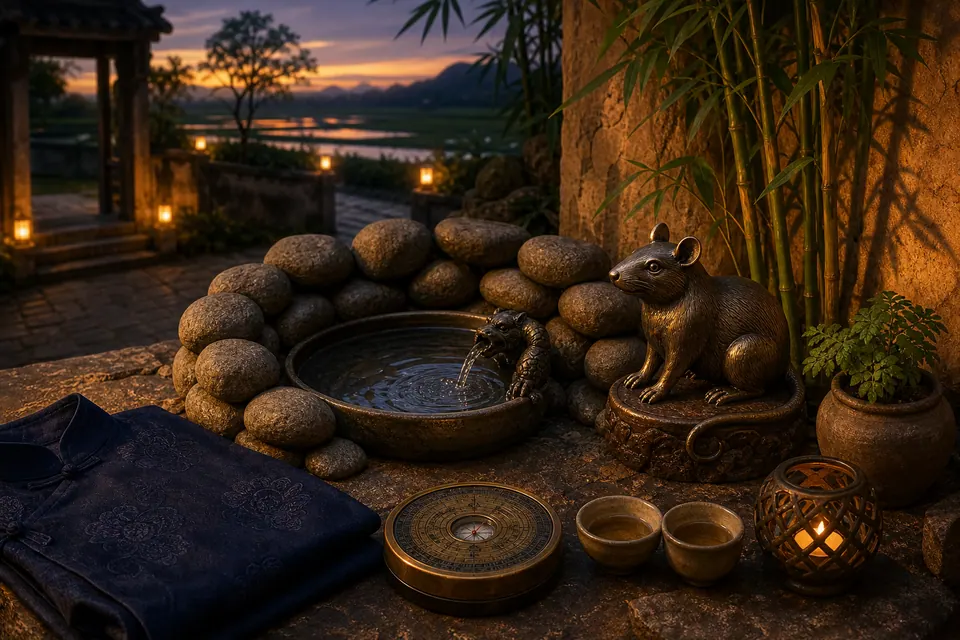 Sân phong thủy Canh Tý nam mạng lúc hoàng hôn với tượng chuột đồng, vòng đá bảo hộ quanh chậu nước, la bàn và áo dài nam màu sẫm