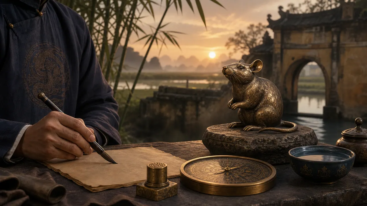 Nam Canh Tý bên tường đất cổ lúc bình minh với tượng chuột đồng, la bàn, chén nước, ấn kim loại và tay áo dài sẫm cầm bút