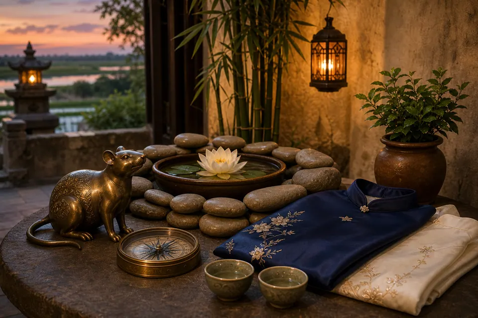 Sân phong thủy Canh Tý nữ mạng lúc hoàng hôn với tượng chuột đồng, vòng đá quanh chậu sen, la bàn, chén trà và áo dài xanh ngà