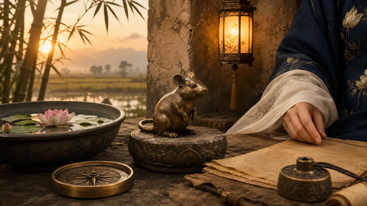 Nữ Canh Tý bên tường đất cổ lúc bình minh với tượng chuột đồng, chậu sen, la bàn, giấy trắng và áo dài xanh sẫm ngà