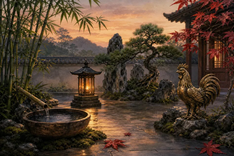 Sân phong thủy Đinh Dậu nam mạng có tượng gà trống đồng, đèn lửa nhỏ, bát nước, trúc, tùng và đá núi