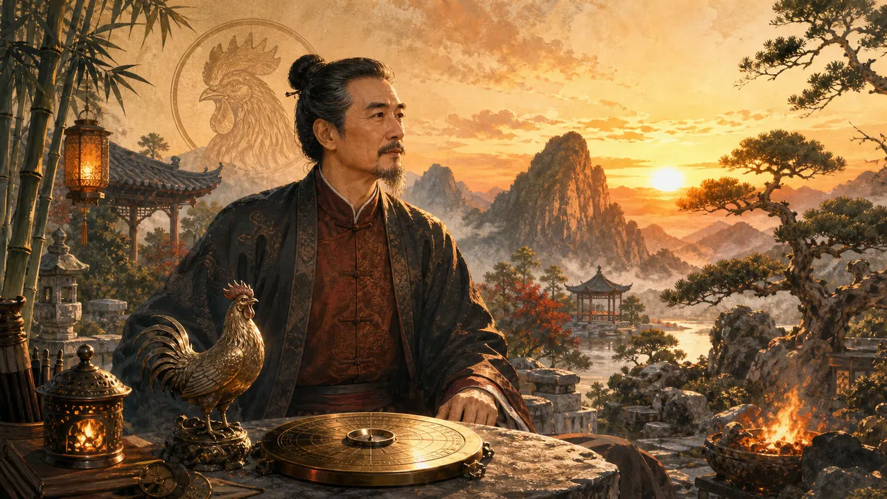 Nam Đinh Dậu bên núi lúc bình minh, la bàn đồng, lửa ấm và tượng gà trống biểu trưng Sơn Hạ Hỏa