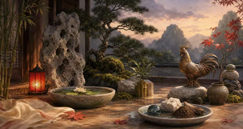 Sân phong thủy Đinh Dậu nữ mạng có tượng gà trống đồng, đèn lửa nhỏ, hồ sen, trúc, tùng, đá núi và vải ngà