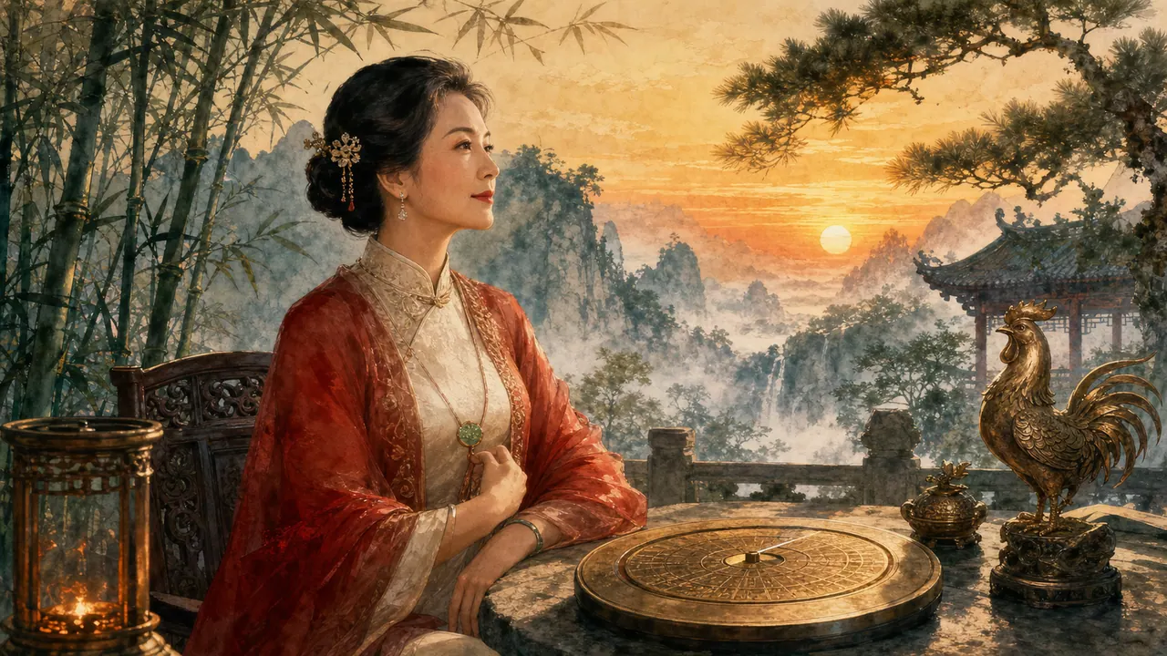 Nữ Đinh Dậu bên núi lúc bình minh, la bàn đồng, lửa ấm và tượng gà trống biểu trưng Sơn Hạ Hỏa