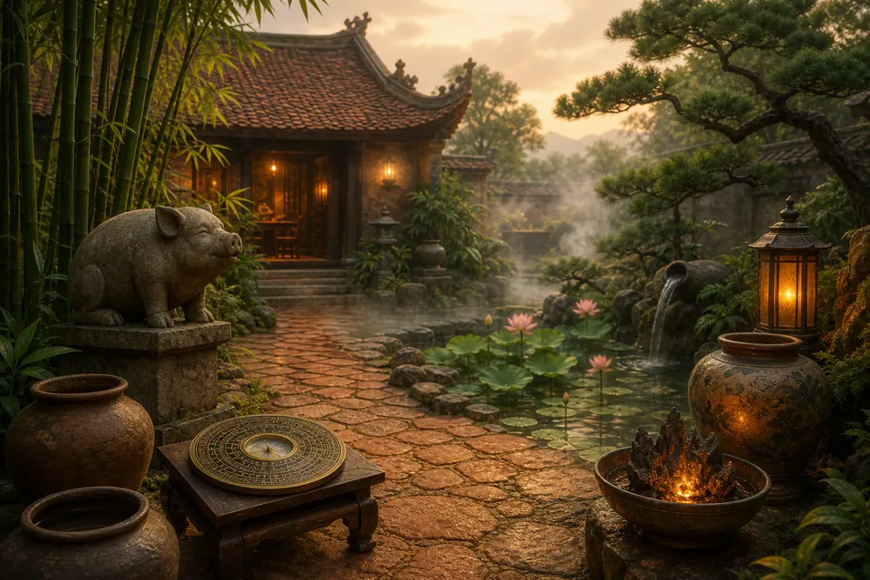 Vườn phong thủy Đinh Hợi nam mạng có mái ngói, hồ sen, tượng heo đá, tre, tùng, bình gốm, lửa ấm và la bàn đồng