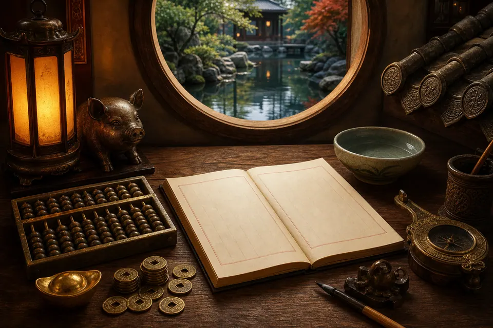 Bàn sự nghiệp Đinh Hợi nam mạng có sổ trắng, bàn tính đồng, tiền cổ, tượng heo nhỏ, nước trong và la bàn