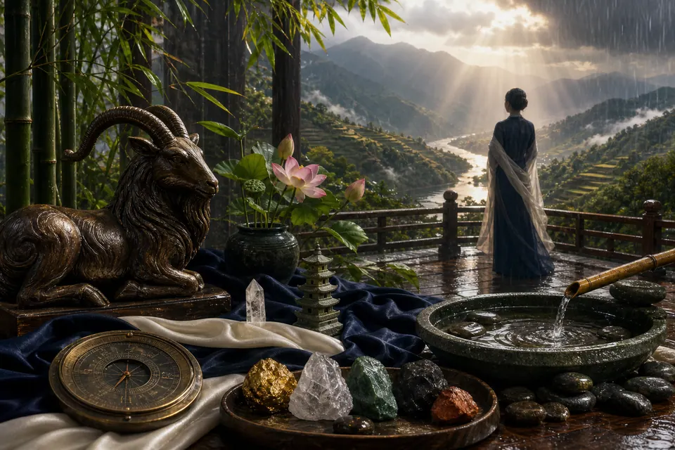 Hiên phong thủy sau mưa với tượng dê gỗ, nước chảy, hoa sen, la bàn, đá ngũ hành và bóng dáng nữ nhân nhìn xuống thung lũng