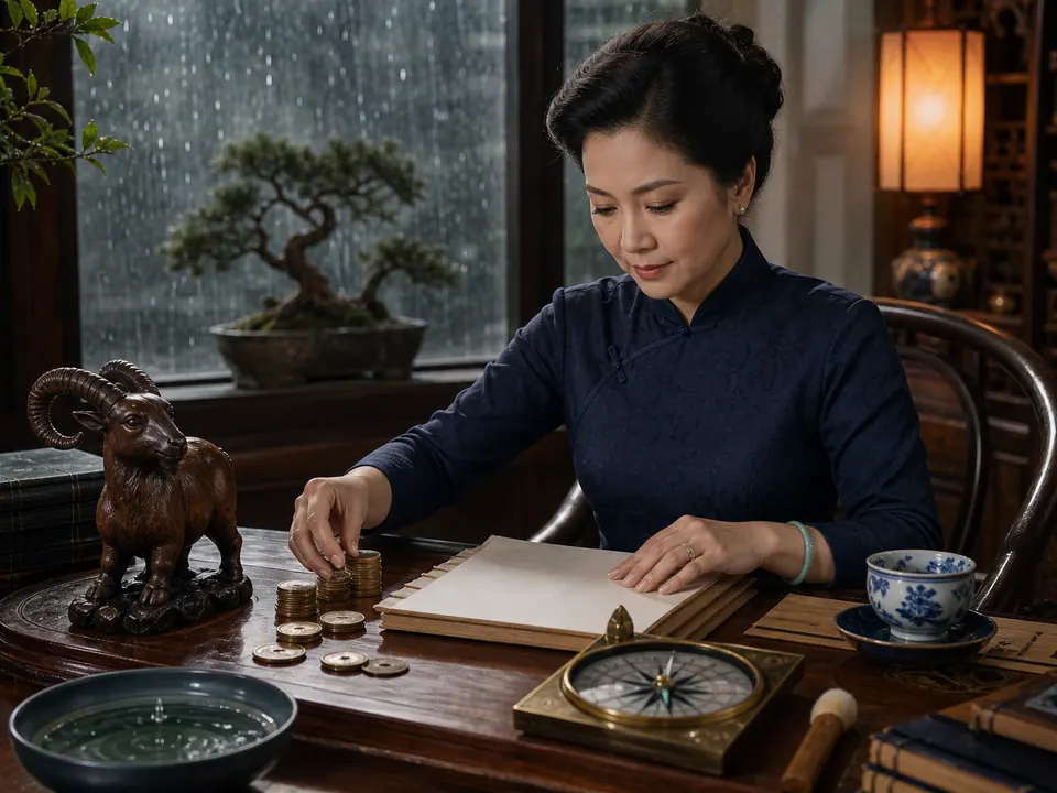 Bàn làm việc của nữ Đinh Mùi với đồng tiền, sổ trắng, tượng dê gỗ, la bàn và bát nước trong khung cửa mưa
