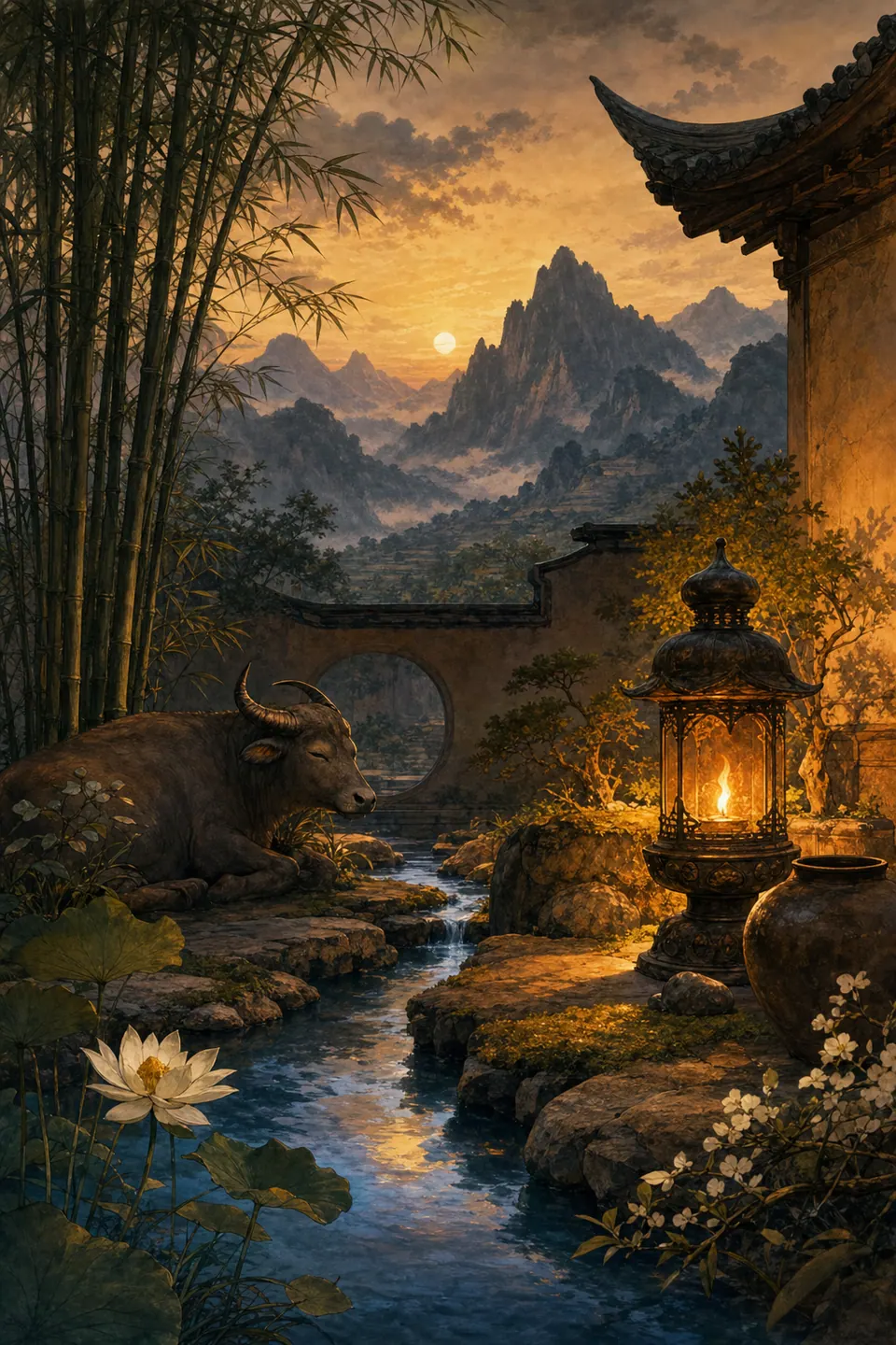 Trâu nằm bên dòng nước và đèn đồng trong sân có tre, sen và núi lúc hoàng hôn