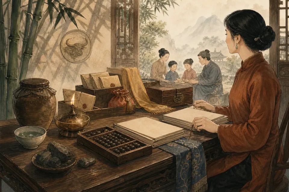 Người phụ nữ ngồi trước giấy, bàn tính và phong thư; phía sau có người lớn cùng hai trẻ bên bàn