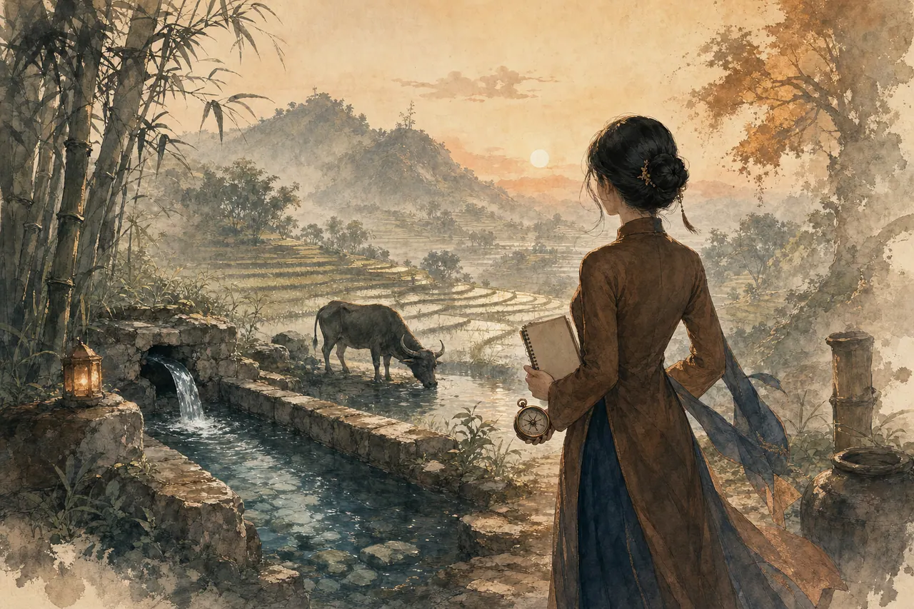 Người phụ nữ cầm sổ nhìn ra ruộng bậc thang có trâu và mương nước giữa đá, tre và núi