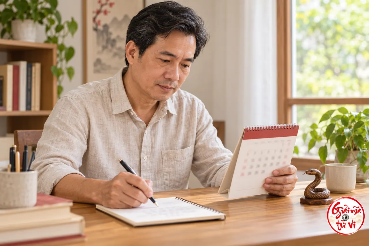 Người đàn ông đối chiếu lịch bàn và ghi sổ, cạnh tượng rắn gỗ nhỏ