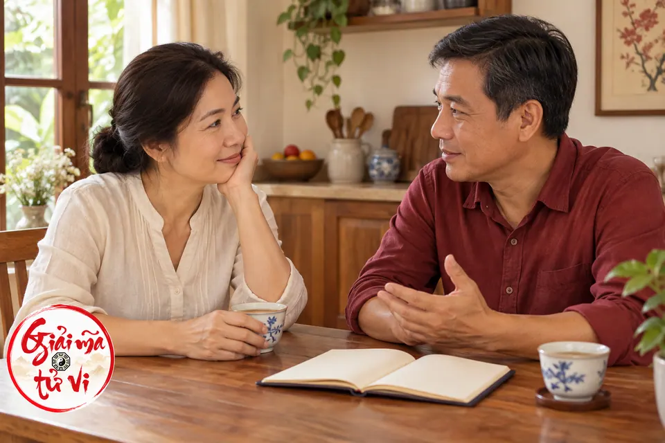 Hai người trò chuyện bên bàn trà, giữa bàn có một cuốn sổ mở