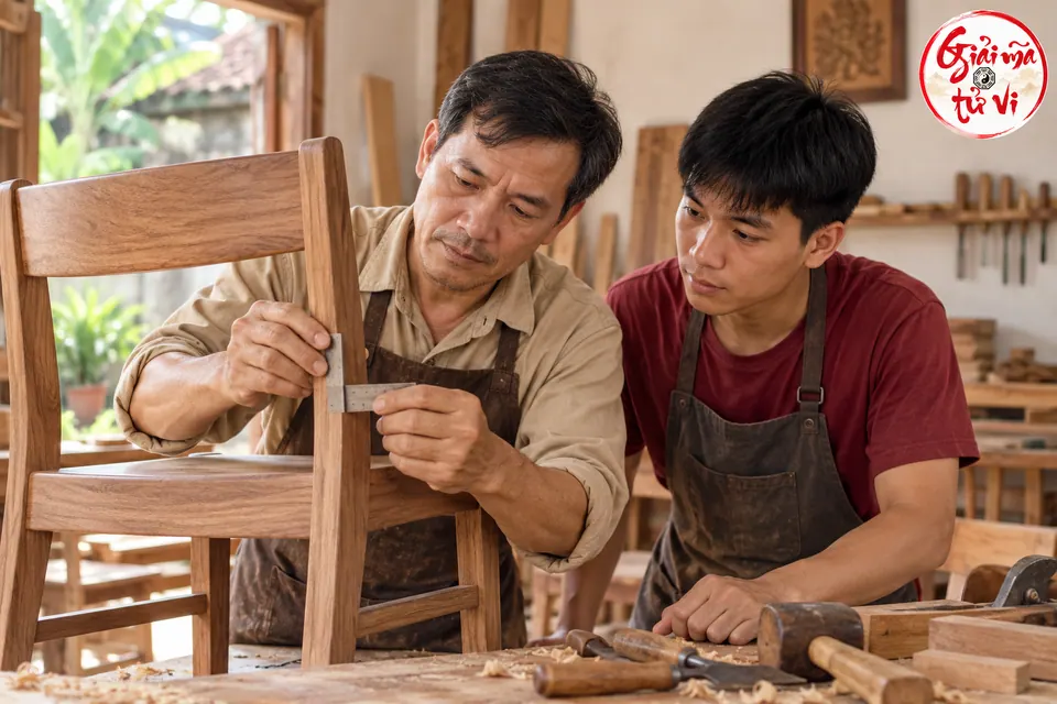 Hai người đàn ông trong xưởng mộc cùng kiểm góc nối của một chiếc ghế gỗ
